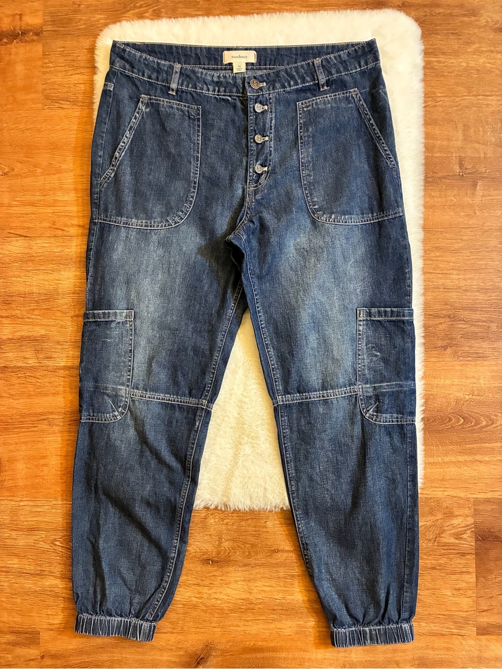 Sundance Jolienne Button Fly Denim Cargo Jogger Elastic Leg Cuffs Sz 10 EUC